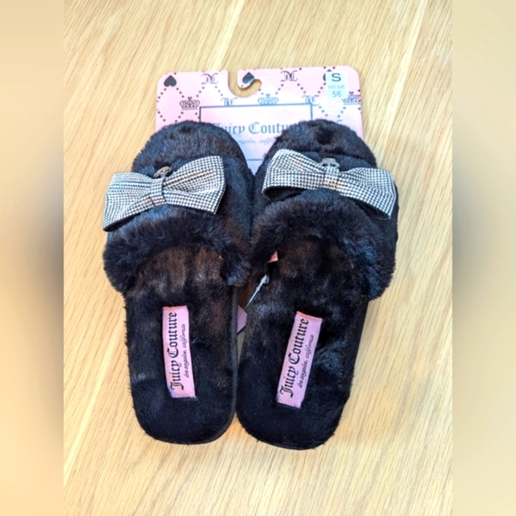 BNWT Juicy Couture Womens (Small 5/6) Furry Slide-In Slippers With Bow And Crown - Picture 4 of 13
